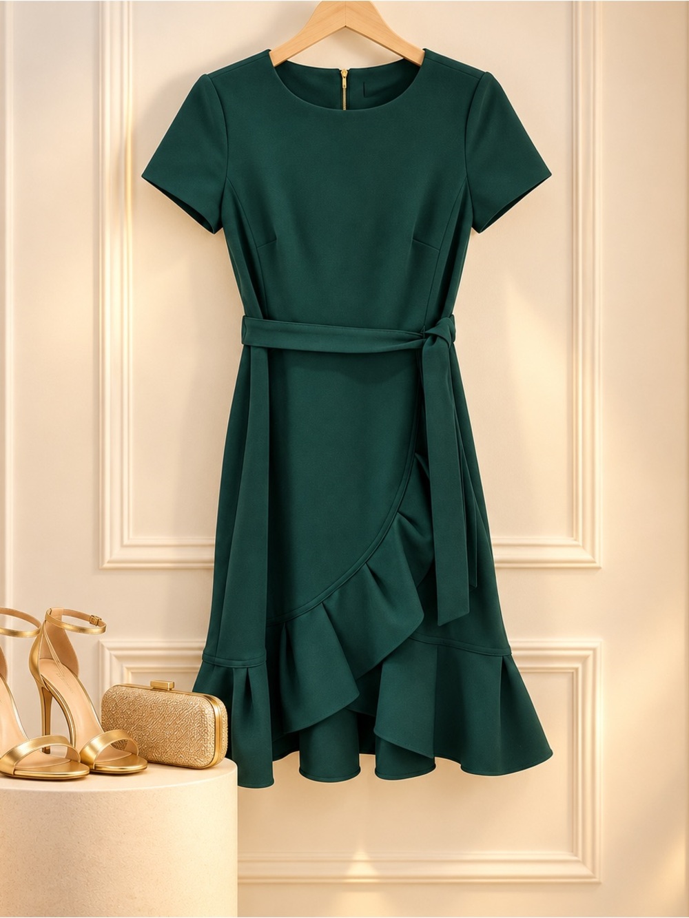Calvin Klein Emerald Green Ruffle-Hem Short Dress with Waist Tie